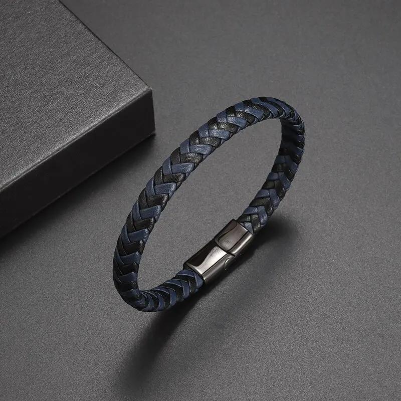 Double Layer Punk Brown Braided Leather Bracelet for Men with Metal Magnetic Clasp Stylish Business Bracelet Jewelry Gift