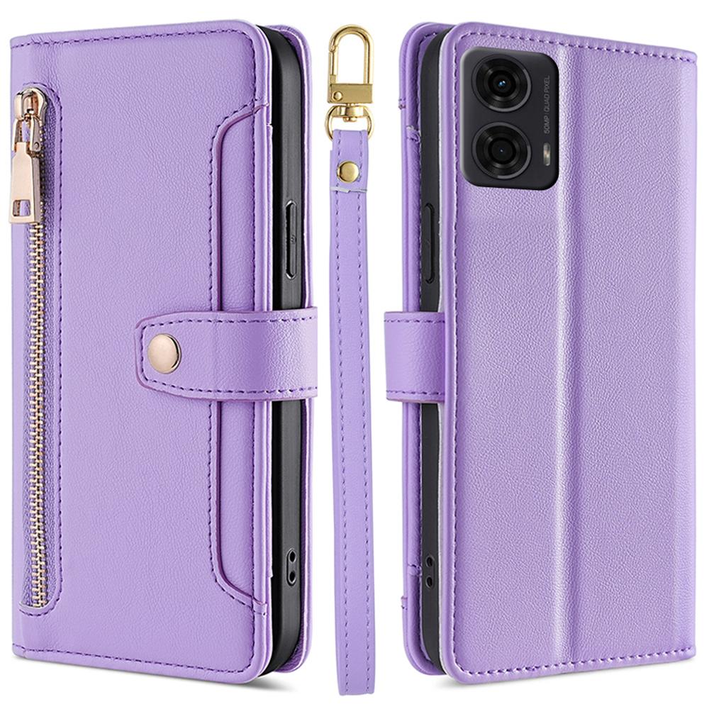 For Motorola Moto E14 4G/G04 4G/G04s 4G/G24 4G Leather Case Zipper Wallet Phone Cover with Shoulder Strap