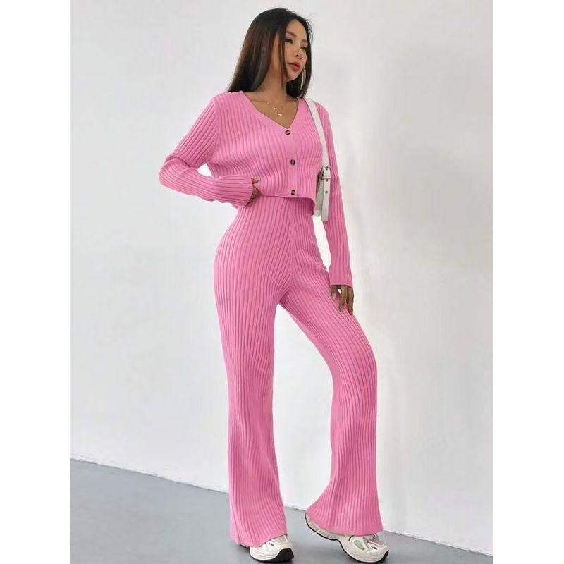 

Western Style New Sunken Stripe V-neck Top Casual Straight Pants Set V-Neck Top and Pants Set Rose Red S