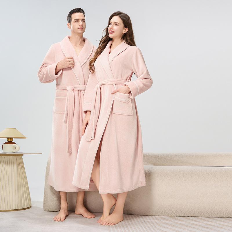 Men's Shawl Collar Robes Full Length Fleece Plush Bathrobes Soft Spa House Coat with Pockets Fluffy Spa Robes Unisex Winter Cozy Warm Spa Long Robe