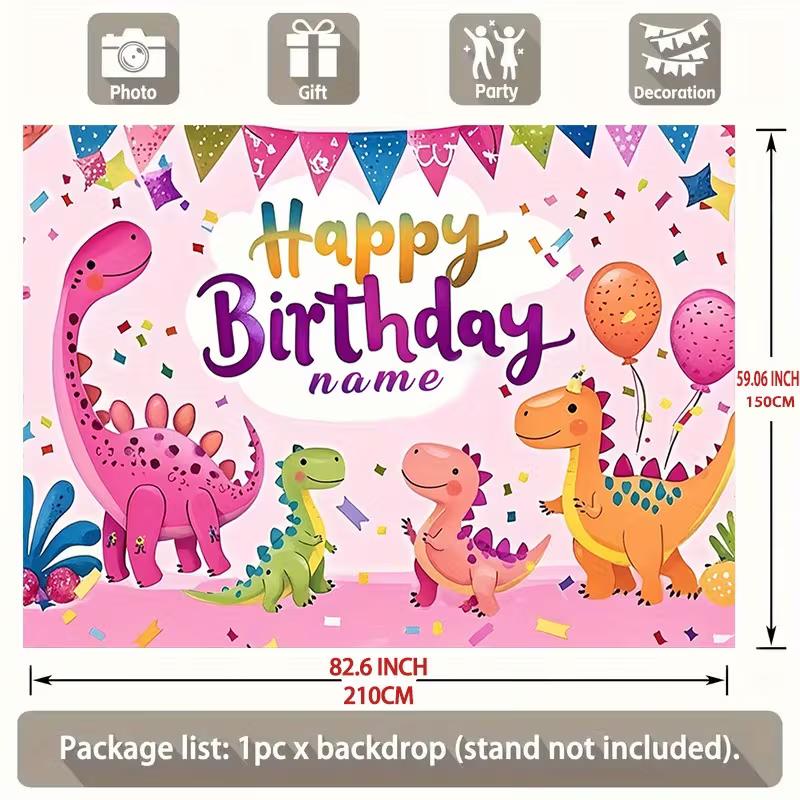Cute Pink Dinosaur Birthday Backdrop, 100cm Customizable Name Party Background Banner for Girls Kids Birthday Decor