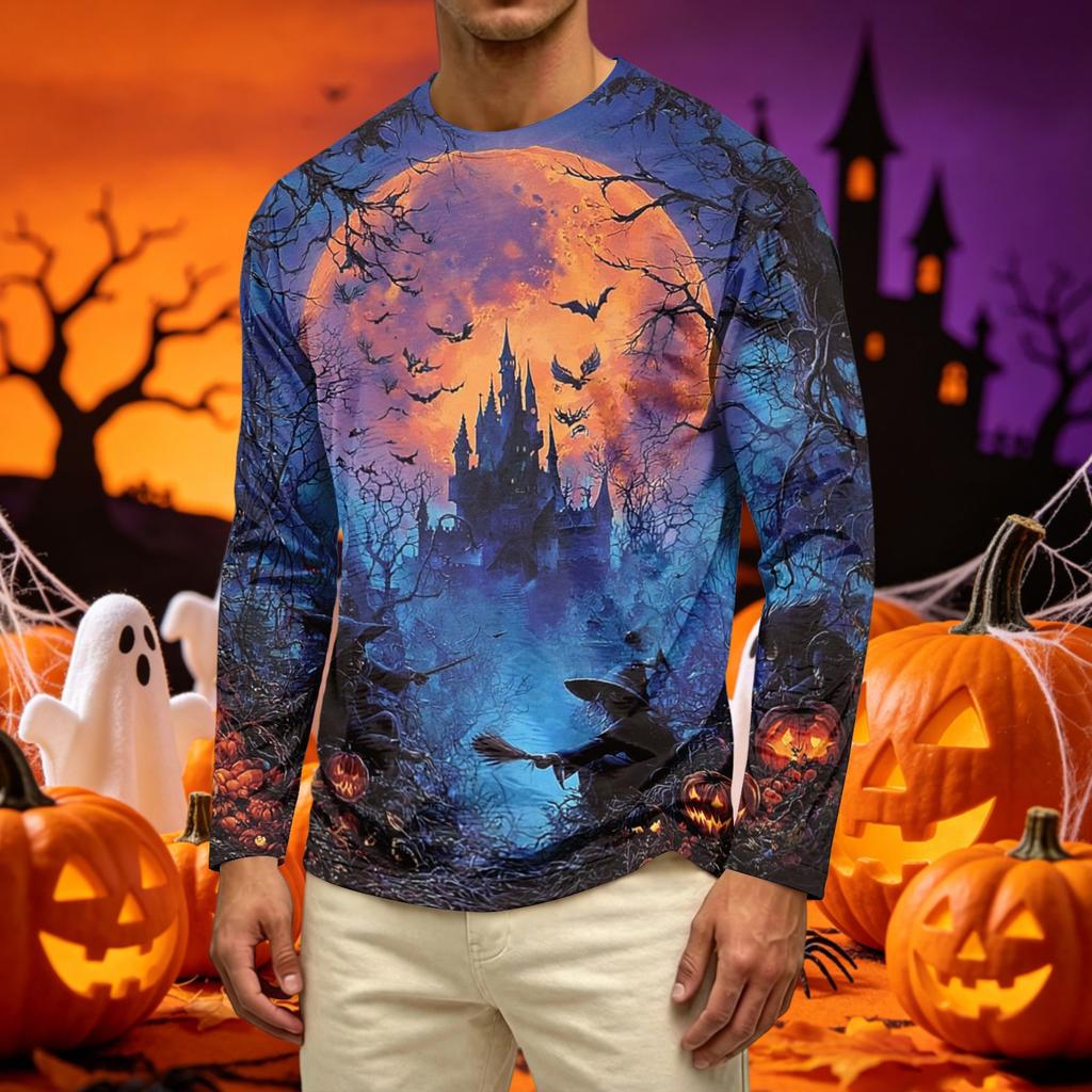 Men's Casual Long Sleeve Crew Neck T Shirt Halloween Pumpkin Ghost Print Lightweight Comfortable Fit Top