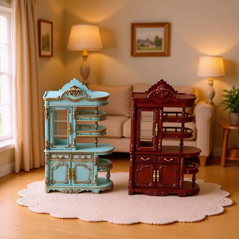 1:12 Scale Antique Doll House Screen Cabinet Model Figurine With Functional Drawers And LED Light for Scene Displaying