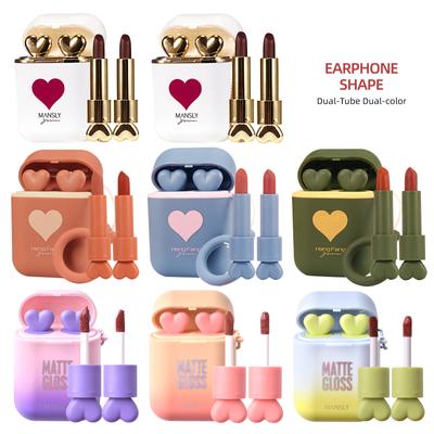 Hengfang 2Set/Lot Headphones Love Icon Double Tube Non-stick Cup Long Lasting Waterproof Lipstick Matte Earphone Shape  Lipstick Nude Red Lips Makeup