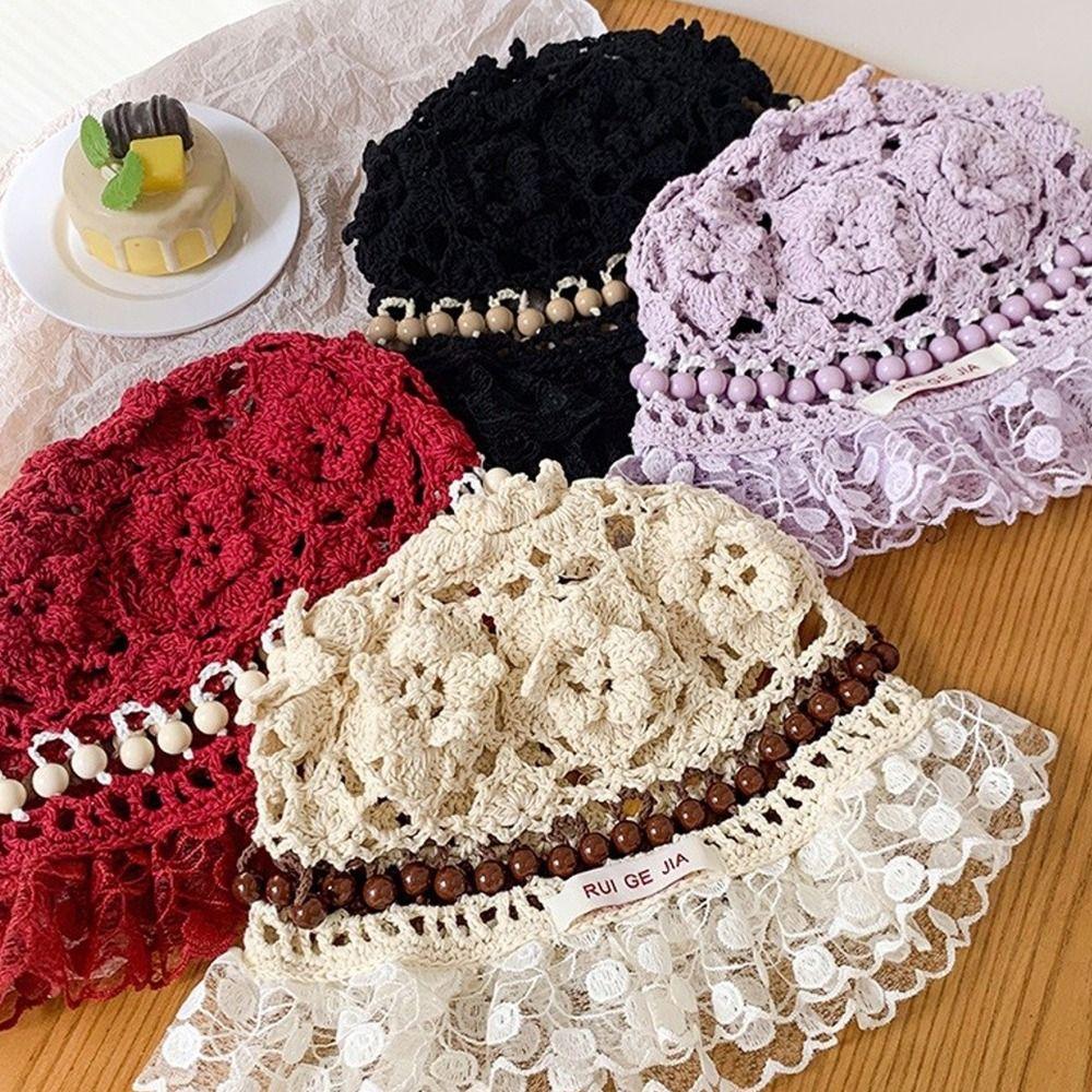 Summer Beads Knitted Hat Hollow Weave Basin Caps Sweet Crochet Bucket Hat  Ladies