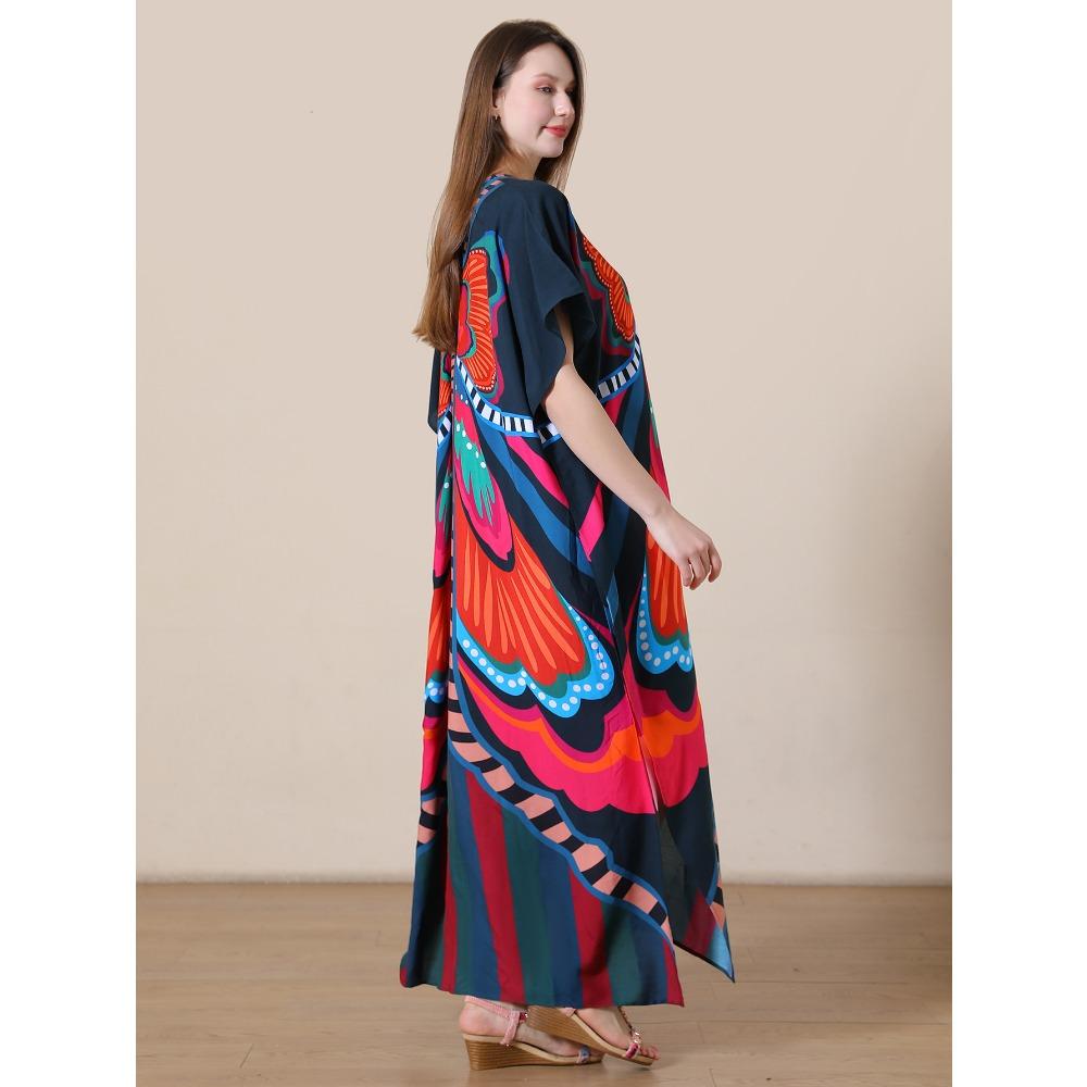 Plus Size Boho Kaftan Dress, Women's Plus Maxi Cover Up Dress