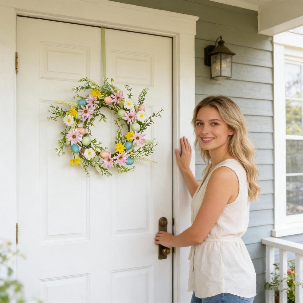 Easter Door Wreath Colorful Realistic Spring Ornament Artificial Easter Garland Door Decor For Indoor Window Mantel Restaurant