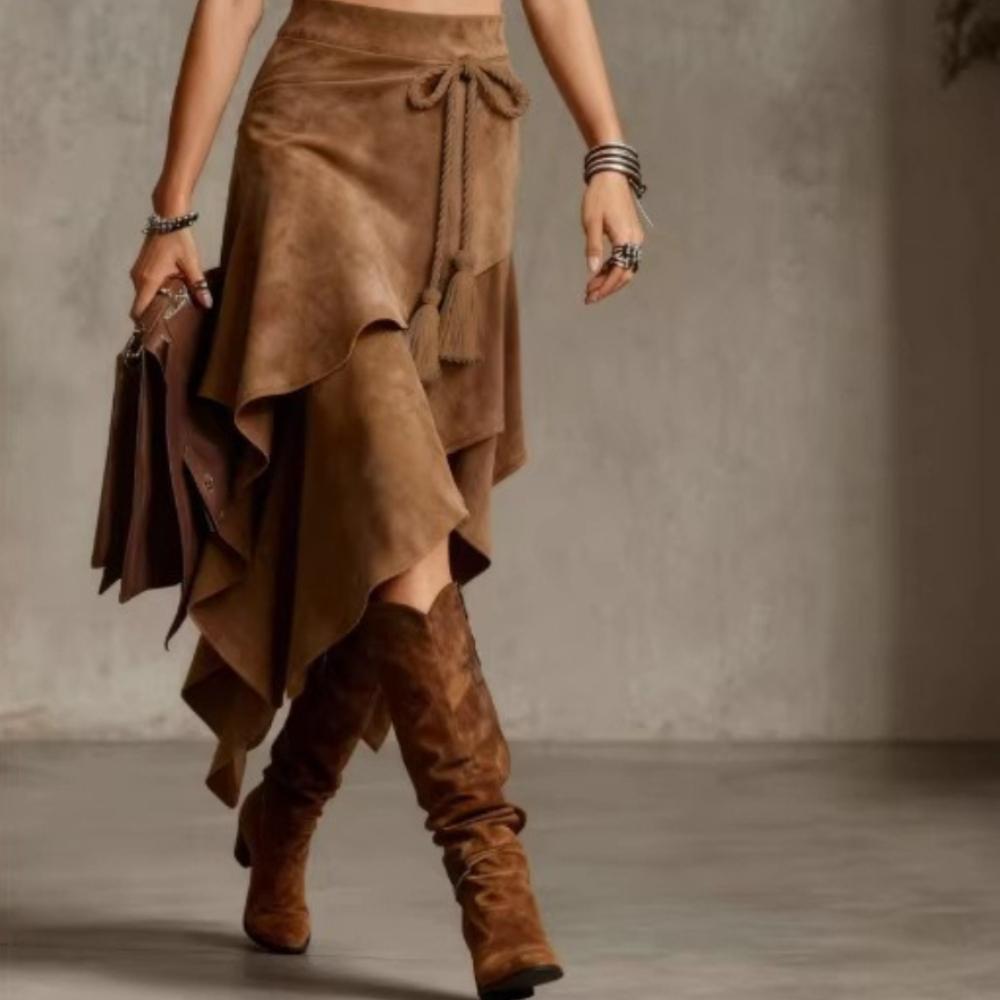 Women's Western Style Suede Asymmetric High Waist Midi Skirt with Tie Waist