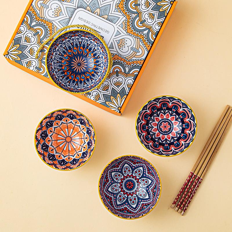 Japanese style dish set, household tableware, blue and white porcelain dishes, ceramic rice bowls, gift set, boxed