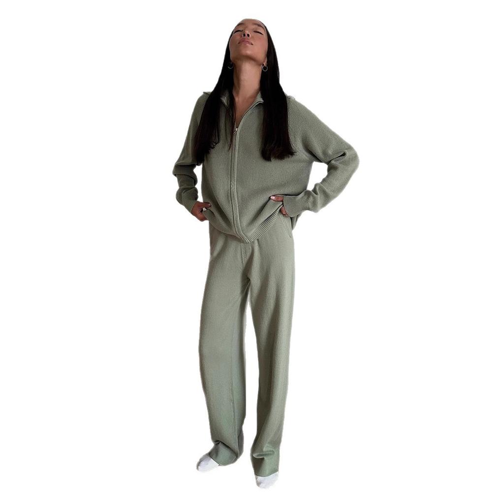 Fall Winter Women's 2 Piece Knit Set Zip Up Cardigan + Wide Leg Pants Casual Outfit