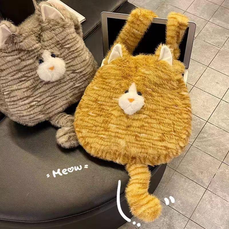 Trendy Cute Cat Fluffy Tote Shoulder Bag For Women Big Volume Portable Handheld Crossbody School Shopping Handbag