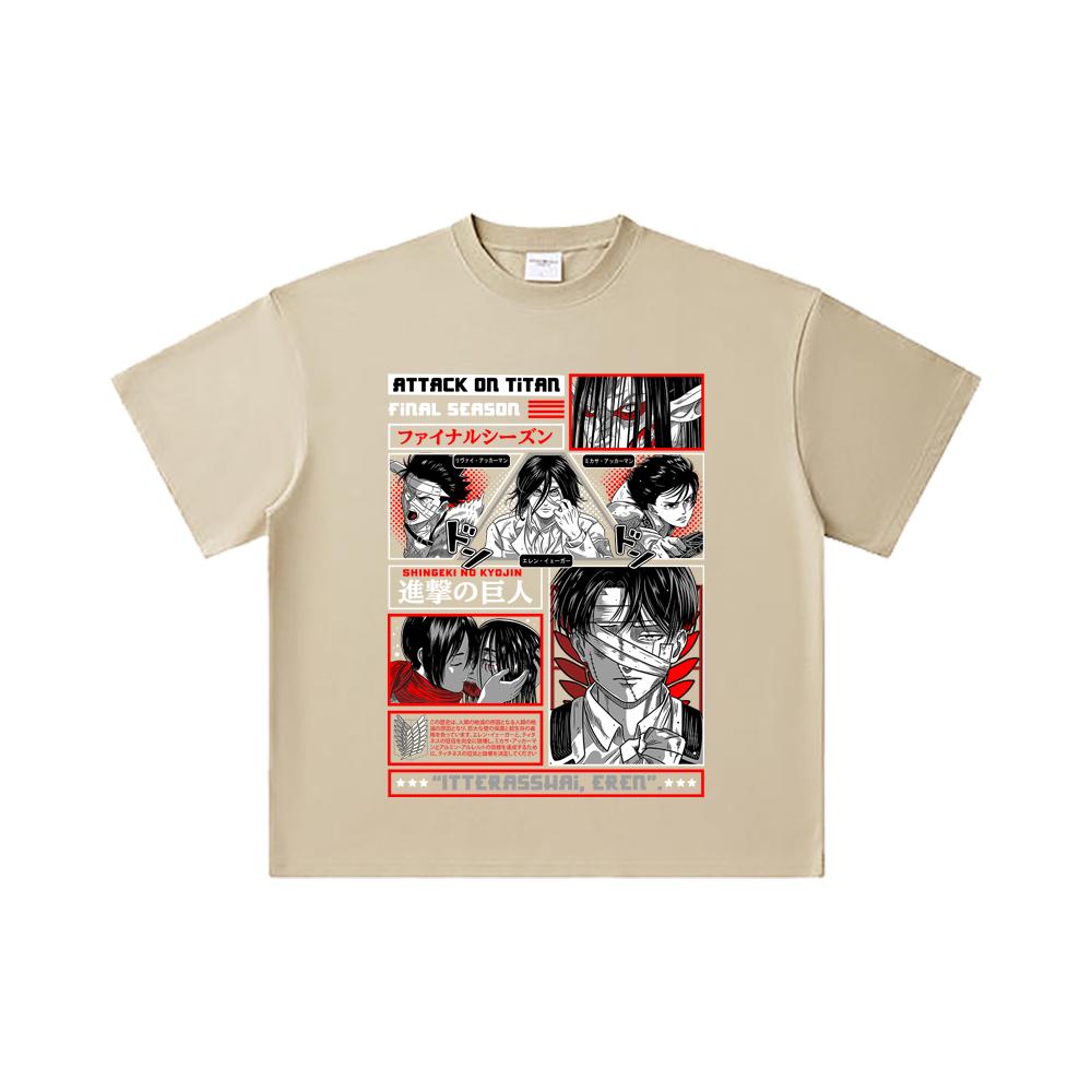 260 GSM Double Yarn 32 Count 100% Cotton Attack On Titan V3 Print Unisex Heavy Cotton T Shirt