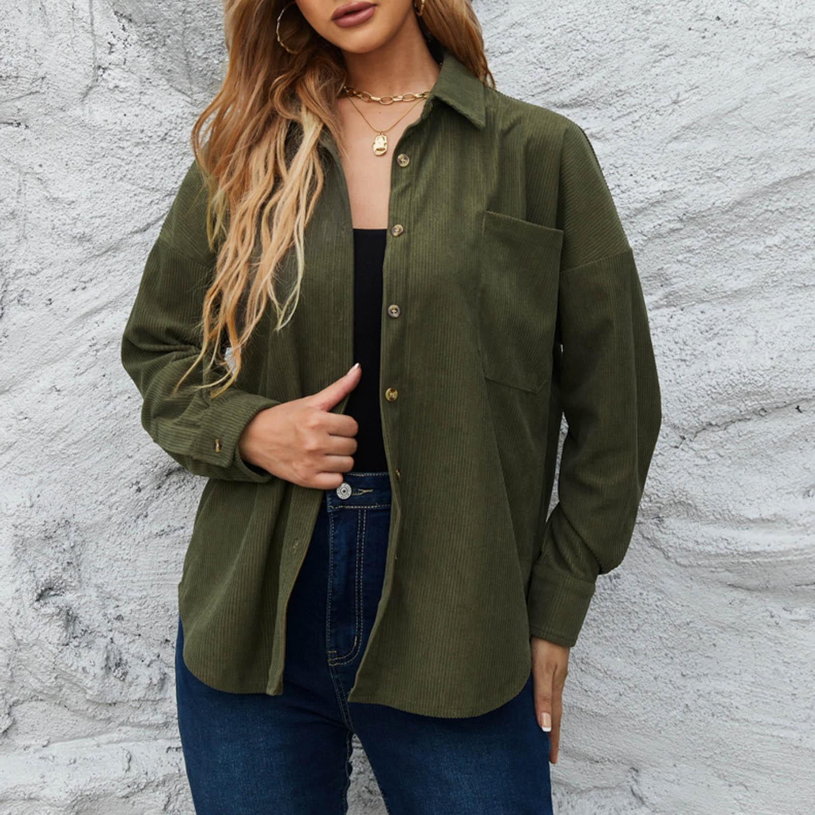 

Женская мода повседневная вельветовая свободная куртка пальто однотонная рубашка M темно-зеленого