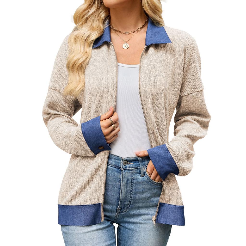 Women's Fashion Color Denim Jacket with Turn-Down Collar, Long Sleeve, Zip Front, Loose Fit