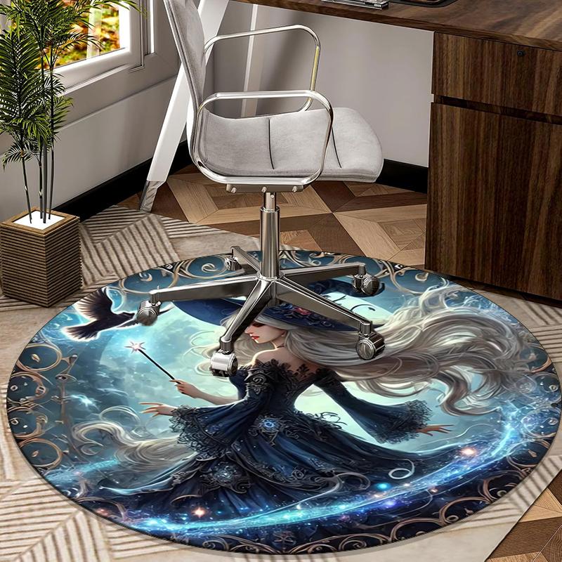 Witch Flying Through Starry Sky Round Carpet Chair Cushion Round Entryway Rug, Soft Round Rugs for Living Room, Bedroom, Circle Carpet Decor Gifts