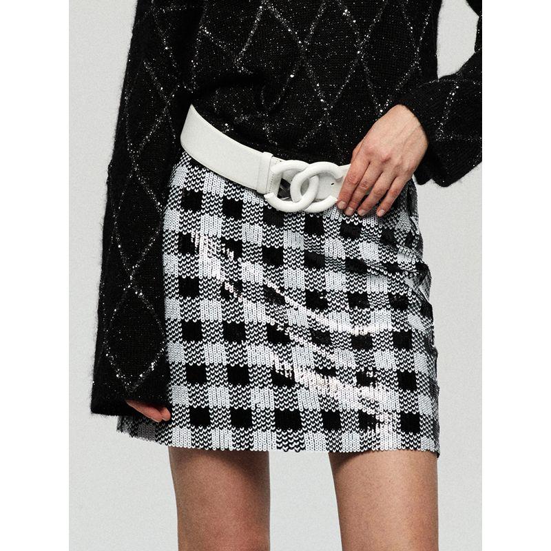 

Blacknini/Handmade Sequin High Waist A- line Style Checkerboard Plaid Skirt