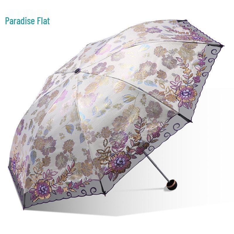 Небесная Элегантность: Трехстворчатый вышитый цветочный зонт от солнца с черной УФ-защитой и matching вышитой сумкой. Подарочная коробка для женщин. фиолетовый