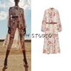 Spring New Women's Clothing Fashion Wind V Neck Long Sleeves with Belt Flowers Print Midi Skirt Dress 2507147
