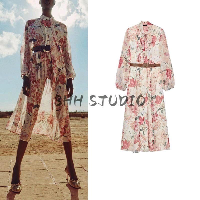 Spring New Women's Clothing Fashion Wind V Neck Long Sleeves with Belt Flowers Print Midi Skirt Dress 2507147