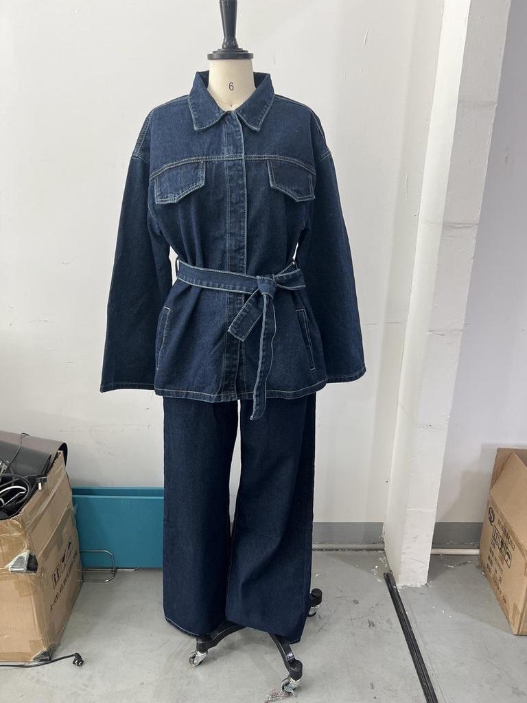 Spring/Summer 2025 Belted Denim Turn-down Collar Long-sleeve Pants Set