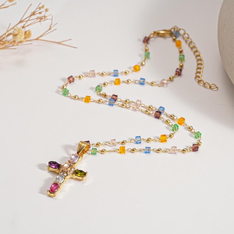 Y2K Colorful Zircon Cross Pendant Necklace for Women Fashion Candy Color Beads Crystal Chain Necklace Luxury Wedding Jewelry