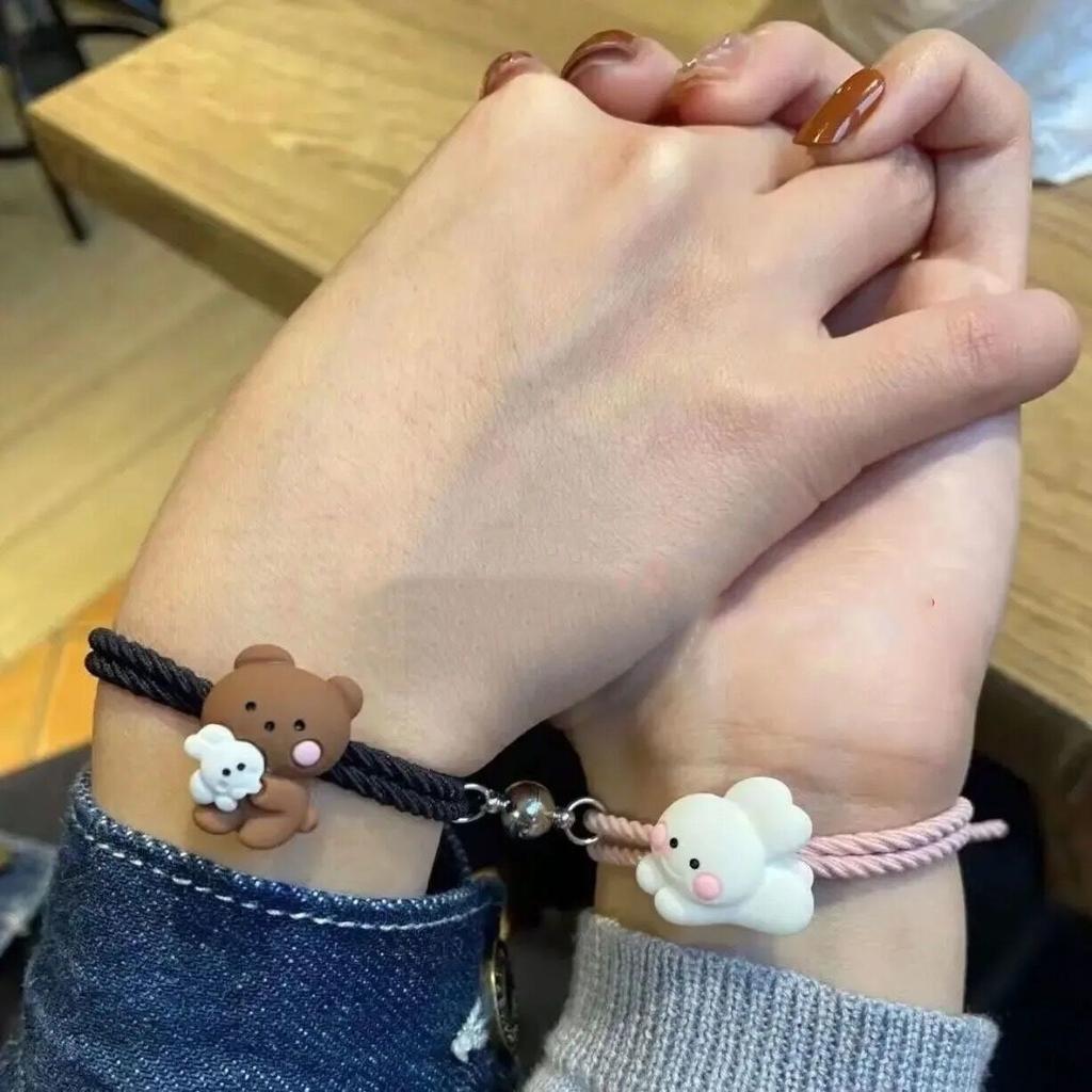 2pcs Magnetic Hugging Bear Couple Bracelets Cute Cartoon Couple Little Rubber Band Girlfriend Bracelet Hair Rope
