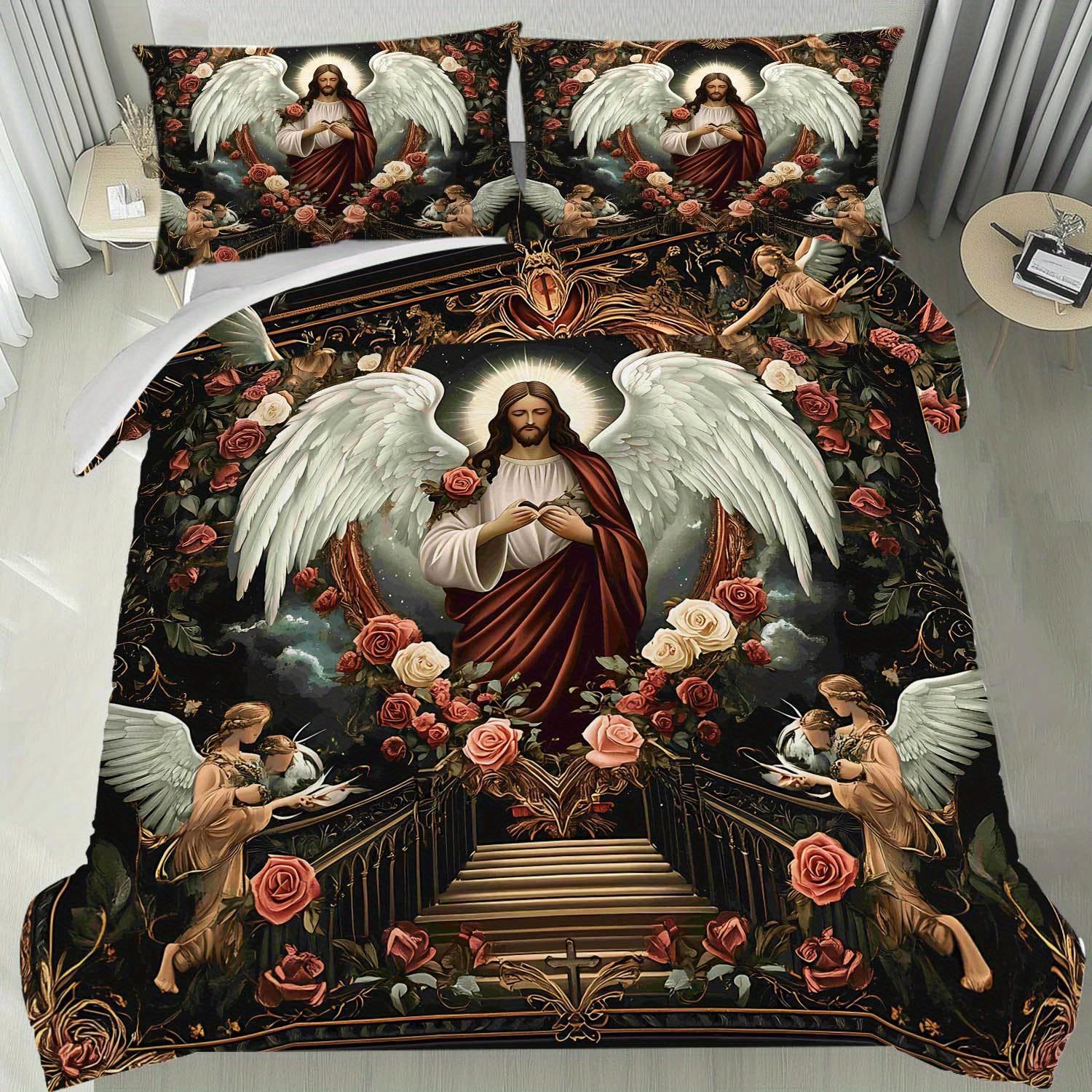 

Latacaca 3 предмета Готический ангел и роза Комплект пододеяльника с центральным элементом Иисуса Христа - Темное цветочное постельное белье в черном, красном и золотом цвете EU Twin(135x200cm)