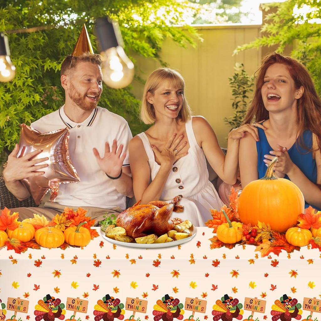 2PCS Thanksgiving Turkey Tablecloth Set, Disposable Plastic Rectangle Table Cover for Holiday Dining Decor, Festive Autumn Leaves Fall Theme, 54" X
