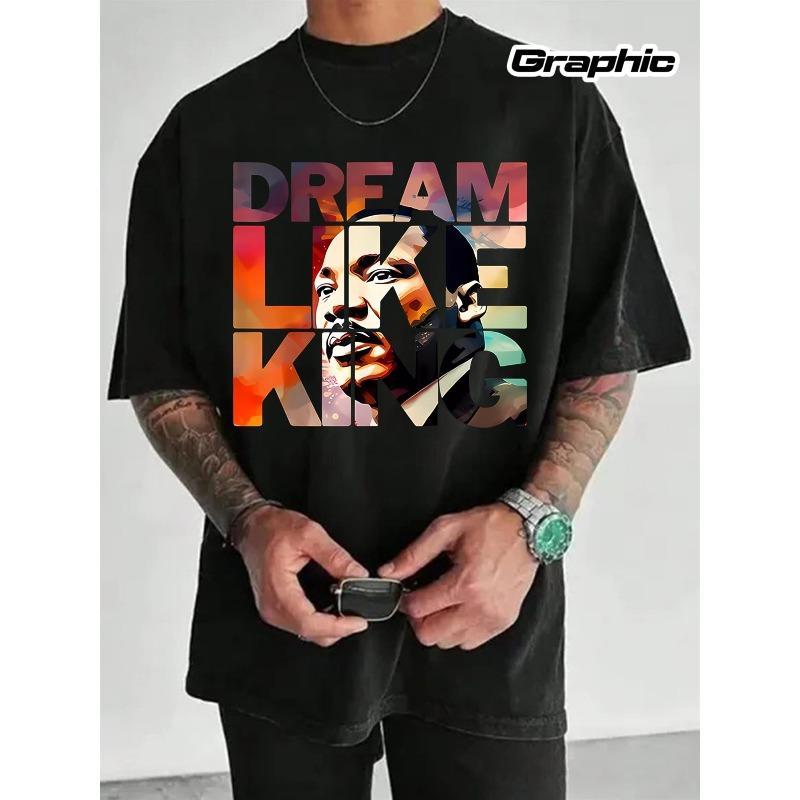 Европейские размеры Мужские Мартин Лютер Кинг-младший. Графическая футболка «Мечтай как король» - Винтажный черно-белый портрет с цветными акцентами S чёрный