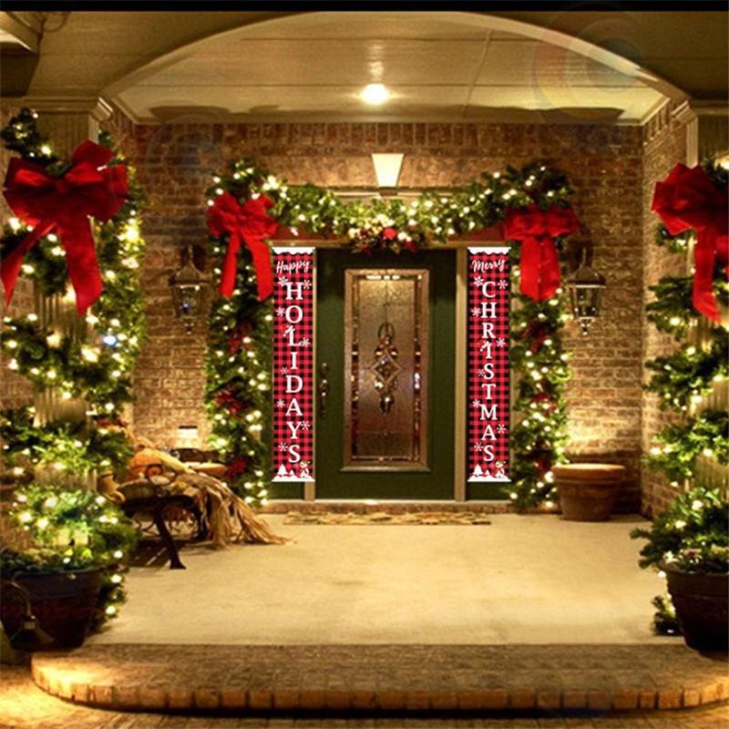 Christmas Decorations Plaid Door Curtain Bunting Hanging Party Atmosphere Banner
