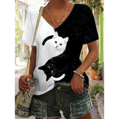 Women's T Shirt Basic Casual Color Block Cat Print Short Sleeve Regular Tops V Neck Daily Black and White Blue Orange Summer