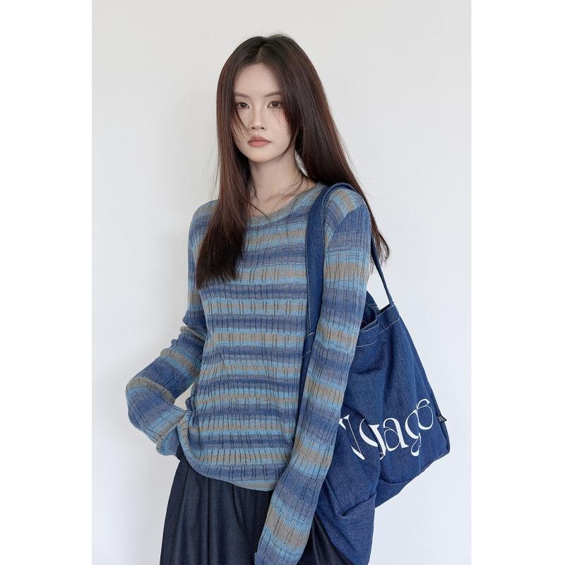 

Striped wool knitted sweater women s autumn and winter new versatile and thin bottoming shirt top One size fits all [recommended 80-60kg]