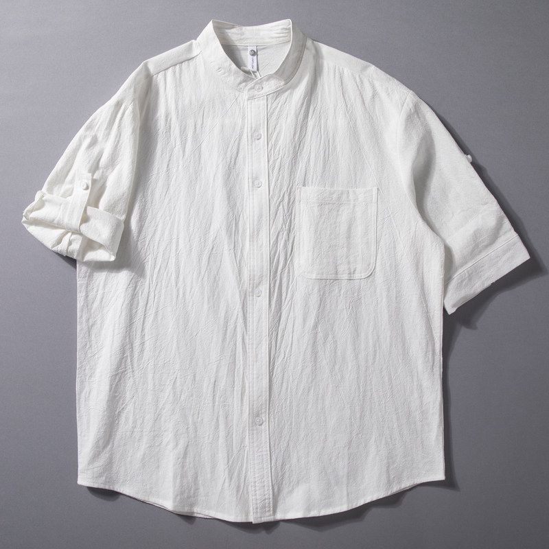 New Chinese Men s Summer Retro Small Stand Collar Tops Summer 2024 New Arrival Loose 3/4 Sleeve Henry Collar Shirt White 2XL