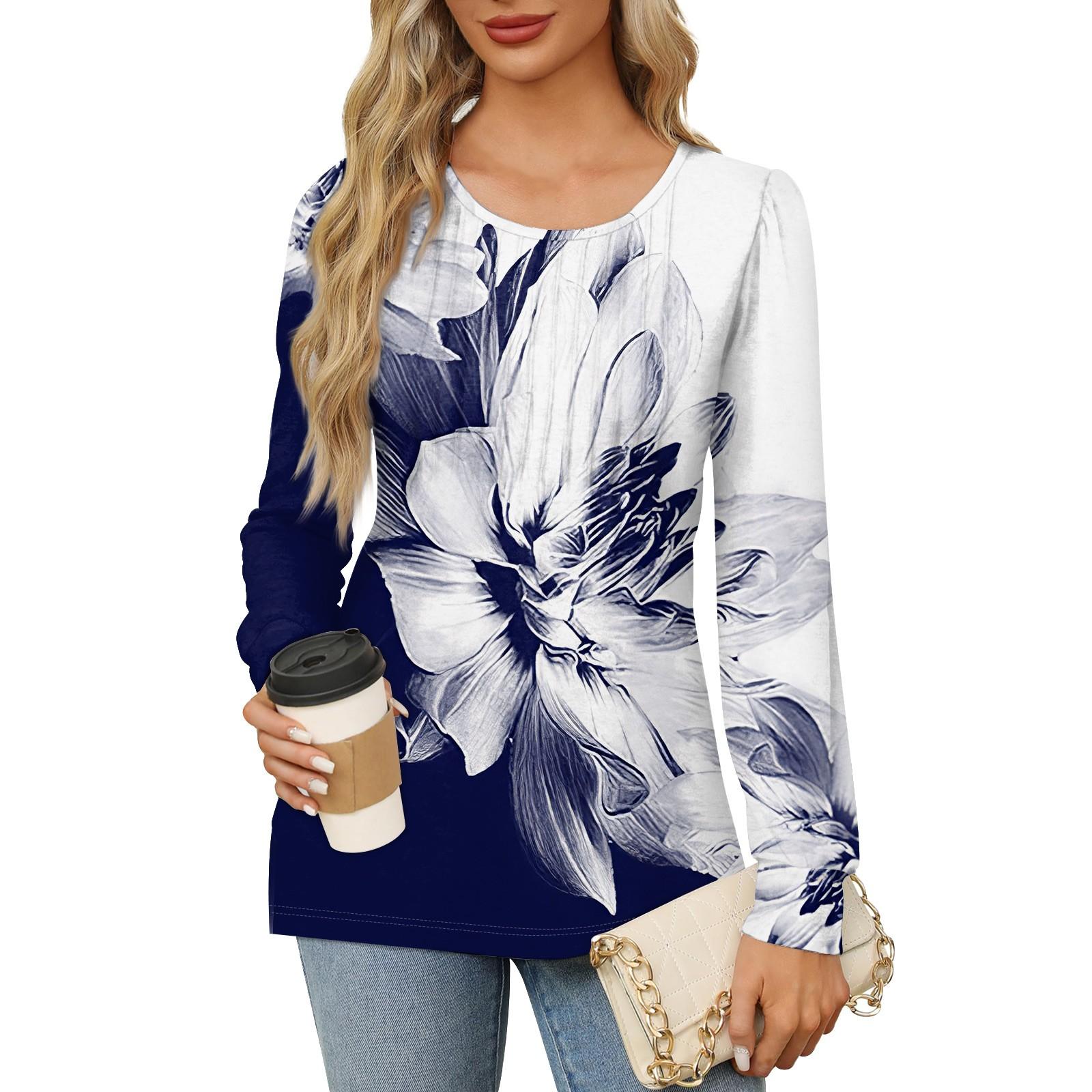 

Женская повседневная плиссированная футболка с круглым вырезом и длинными рукавами с принтом XXL синий