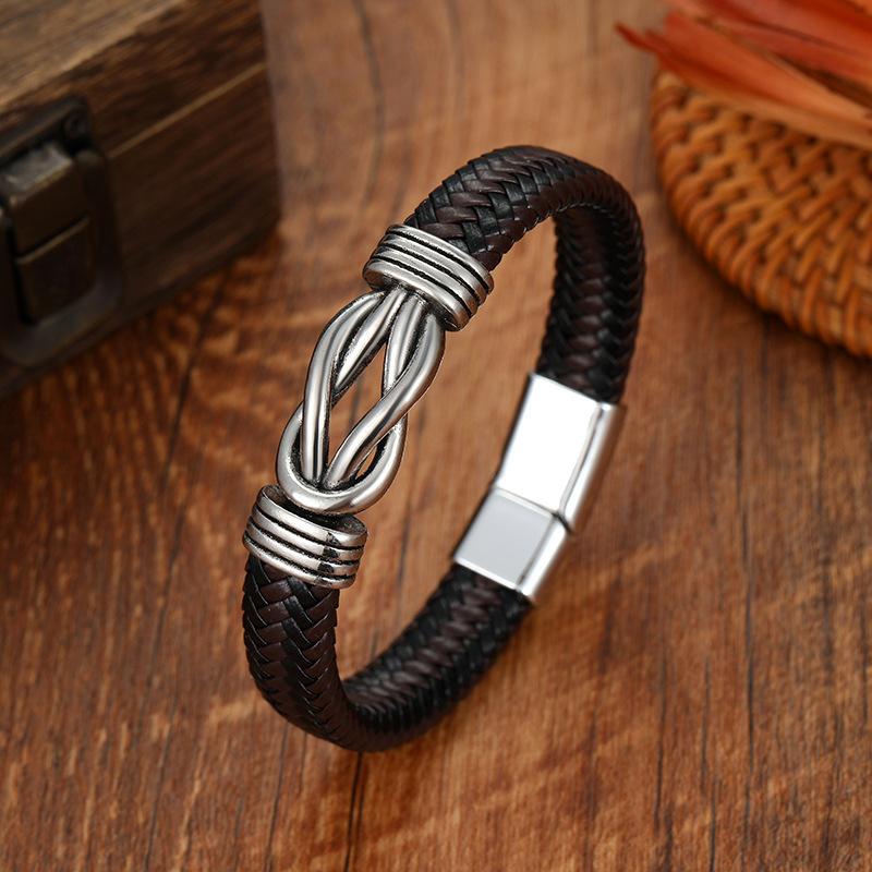 Adjustable Twist Cuff Braided Leather Bracelet For Men With Magnetic Clasp Design