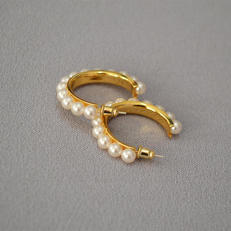Elegant C-Shaped Gold-Plated Imitation Pearl Earrings with 925 Silver Post for Women