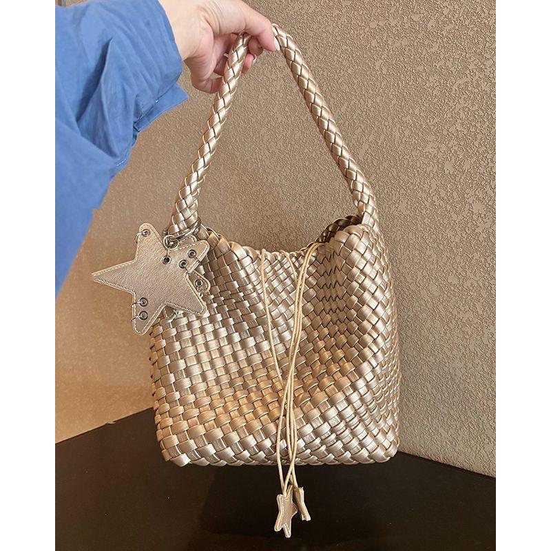 

2025 Summer New Arrival Golden Seaside Woven Bag Women s Lazy Relaxed One Shoulder Large Capacity Large Bag Tote Bag Champagne small size