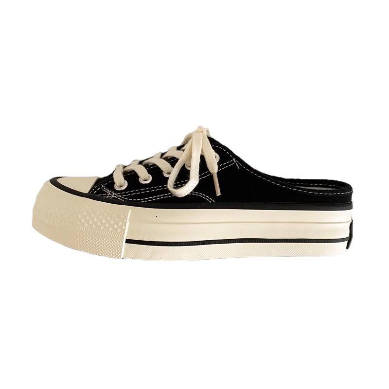Platform canvas shoes half-drag women's shoes little white shoes women's 2025 spring new models without heels, half-stepping lazy shoes women