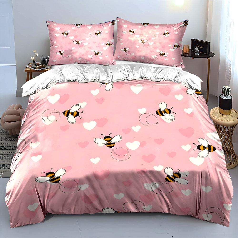 Bee and Heart Pink Pattern Bedding Duvet Cover Set (1*Duvet Cover 2*Pillowcases, without duvet insert)