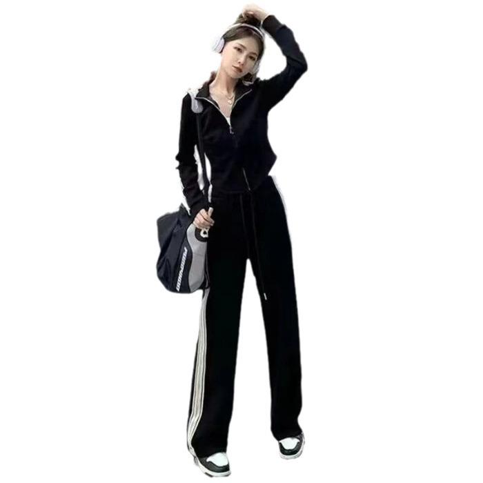 Korean-Style Sportswear: Wide-Leg Pants & Sporty Windbreaker Two-Piece Set
