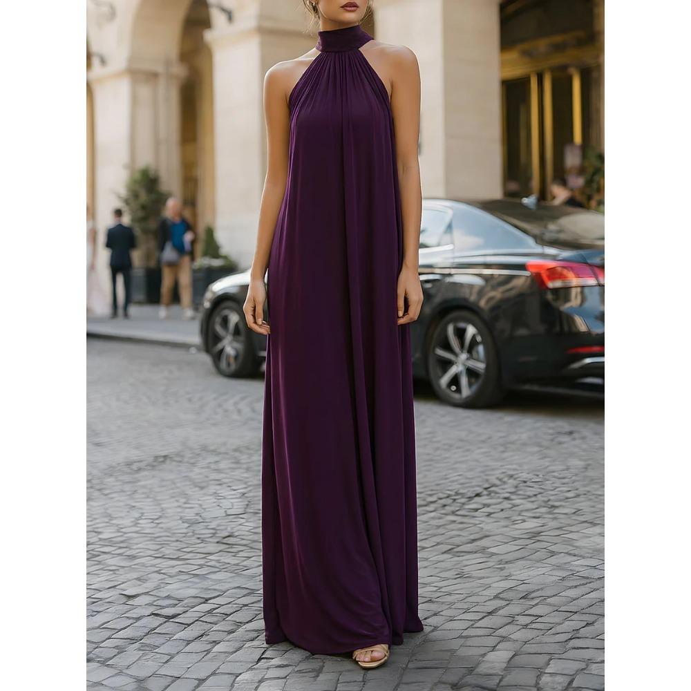Women s Spring New, Neck High Neck Pleated Sleeveless Drape, Elegant Temperament Banquet Dress Skirt S фиолетовый