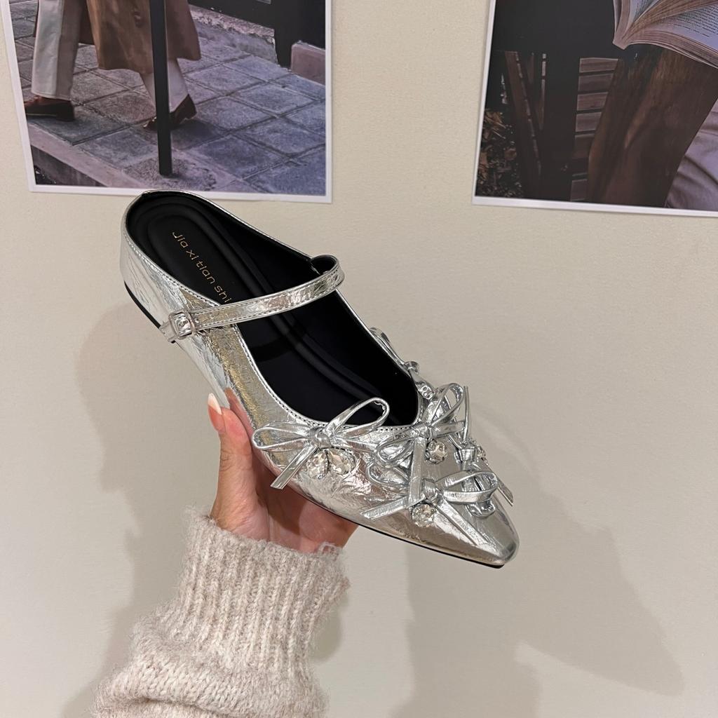 inner height increase 3CM French bow bag head half slippers women's shoes outer wear 2025 spring and summer silver rhinestone single shoes