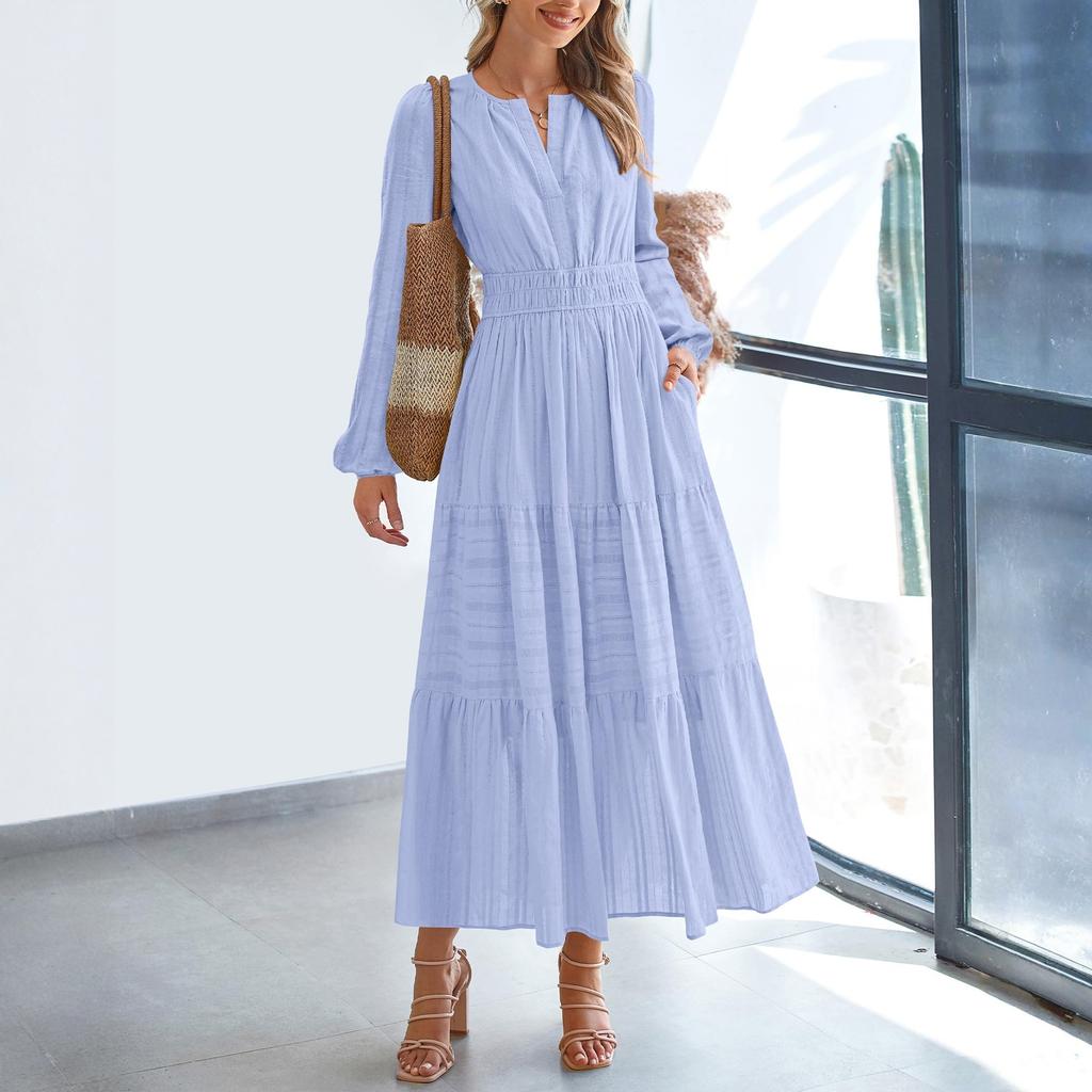 Women's Fashion V-neck Pleated, Waist-cinching, Wide-swing Long-sleeved Dress