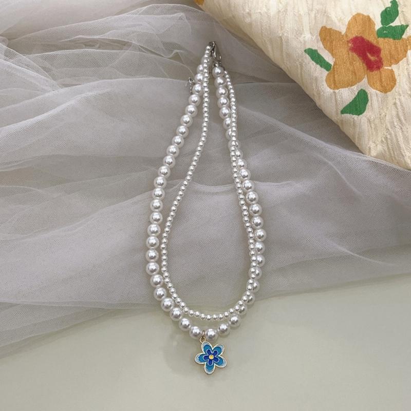 Y2K Style Double Layered-Pearl Clavicle Chain Flower Pendant Choker Necklace Fashion Jewelry Gift Dainty Beaded Necklace
