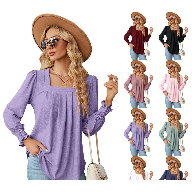 Solid Color Jacquard Pleated Square Neck Long Sleeve Tailcoat Solid Color T-shirt for Women