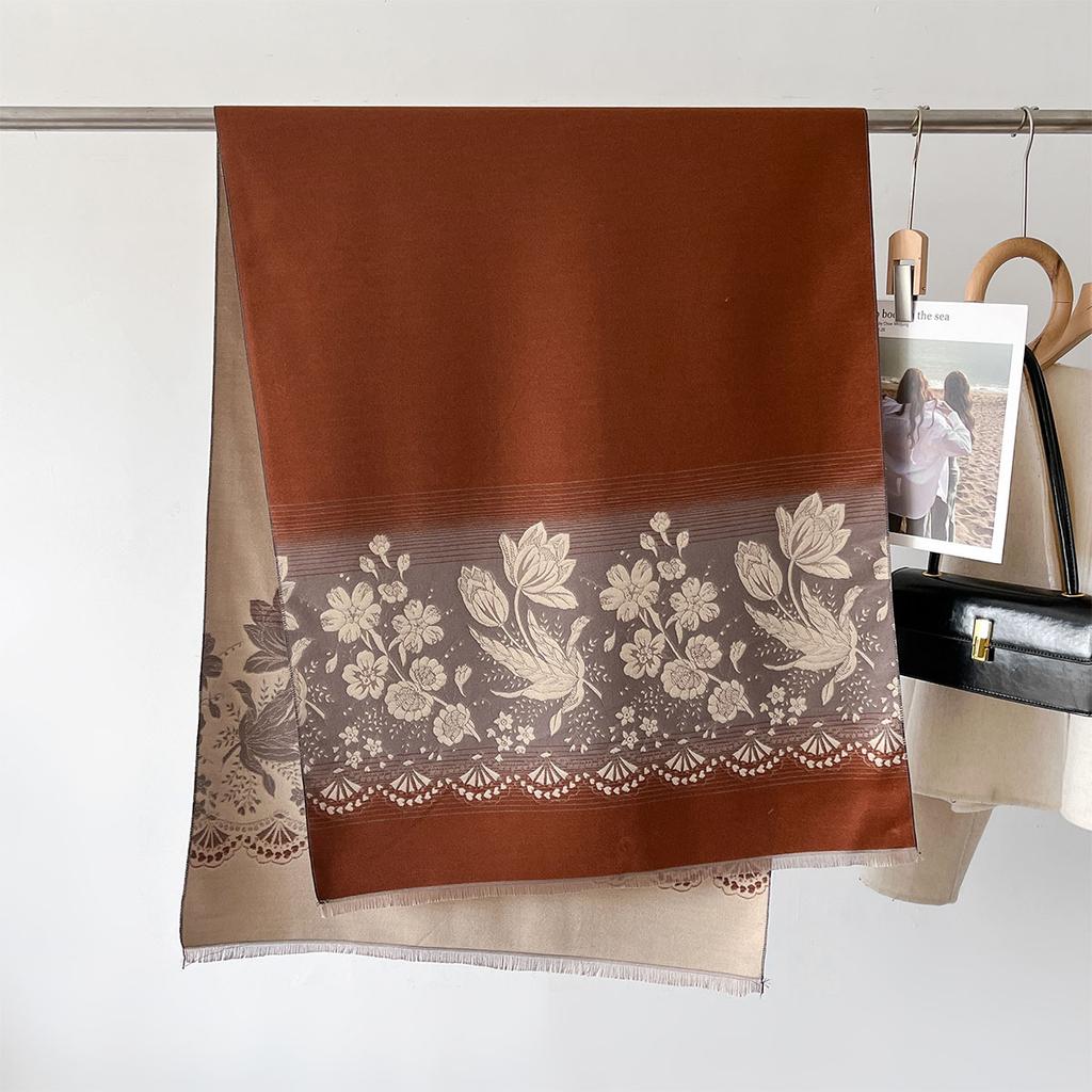 Elegant Flower Jacquard Blanket Scarf Trendy Reversible Tassel Shawl Thick Coldproof Imitation Cashmere Scarves for Women Autumn & Winter