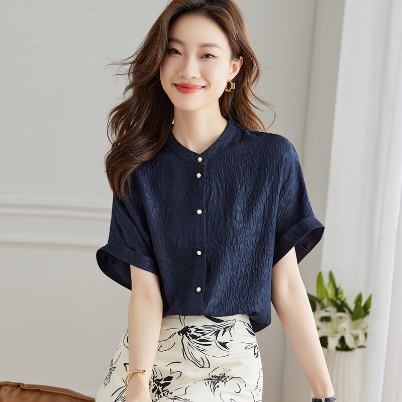 Srcr Women s 100% Mulberry Silk Textured Short-Sleeve Blouse 2XL