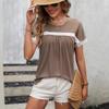 Women Short Sleeve Round Neck Lace Spliced Casual T Shirt