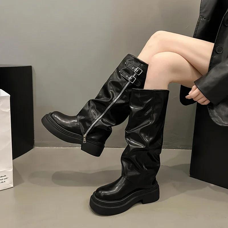 

Мода 2024 года Женская обувь Высокие женские сапоги на платформе Современные сапоги Женские Ботинки с молнией сбоку Пряжка на ремне Круглый носок Туфли на квадратном каблуке Женские