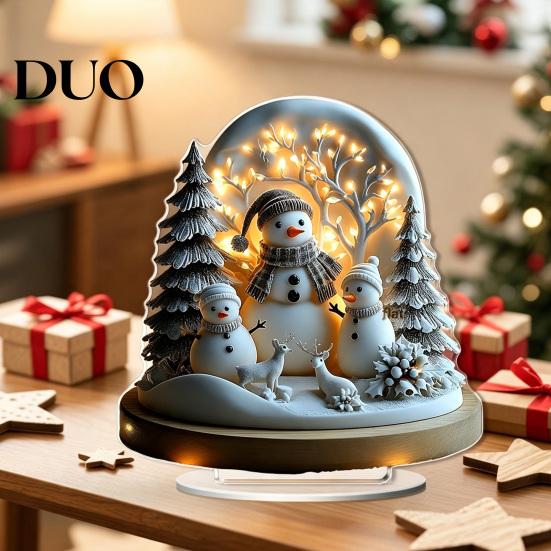 Holiday Snowman Tabletop Figurines Christmas Winter Ornaments, Double-sided Acrylic Snowman/Santa Claus/Reindeer/Cottage Table Double Sided Ornaments